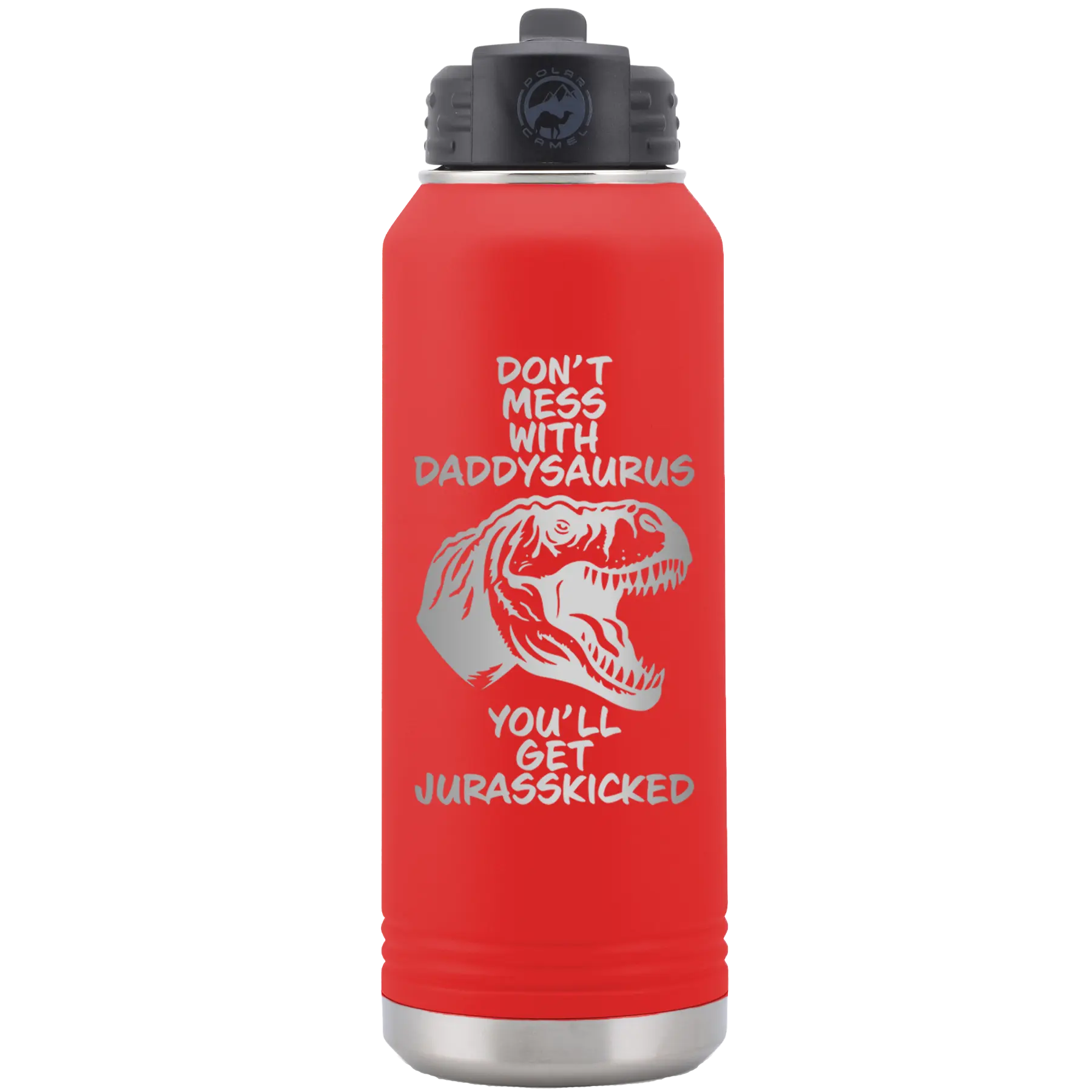 Laser etched red 32 oz vacuum insulated water bottle with 'Daddysaurus' design
