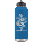 Laser etched royal blue 32 oz vacuum insulated water bottle with 'Daddysaurus' design