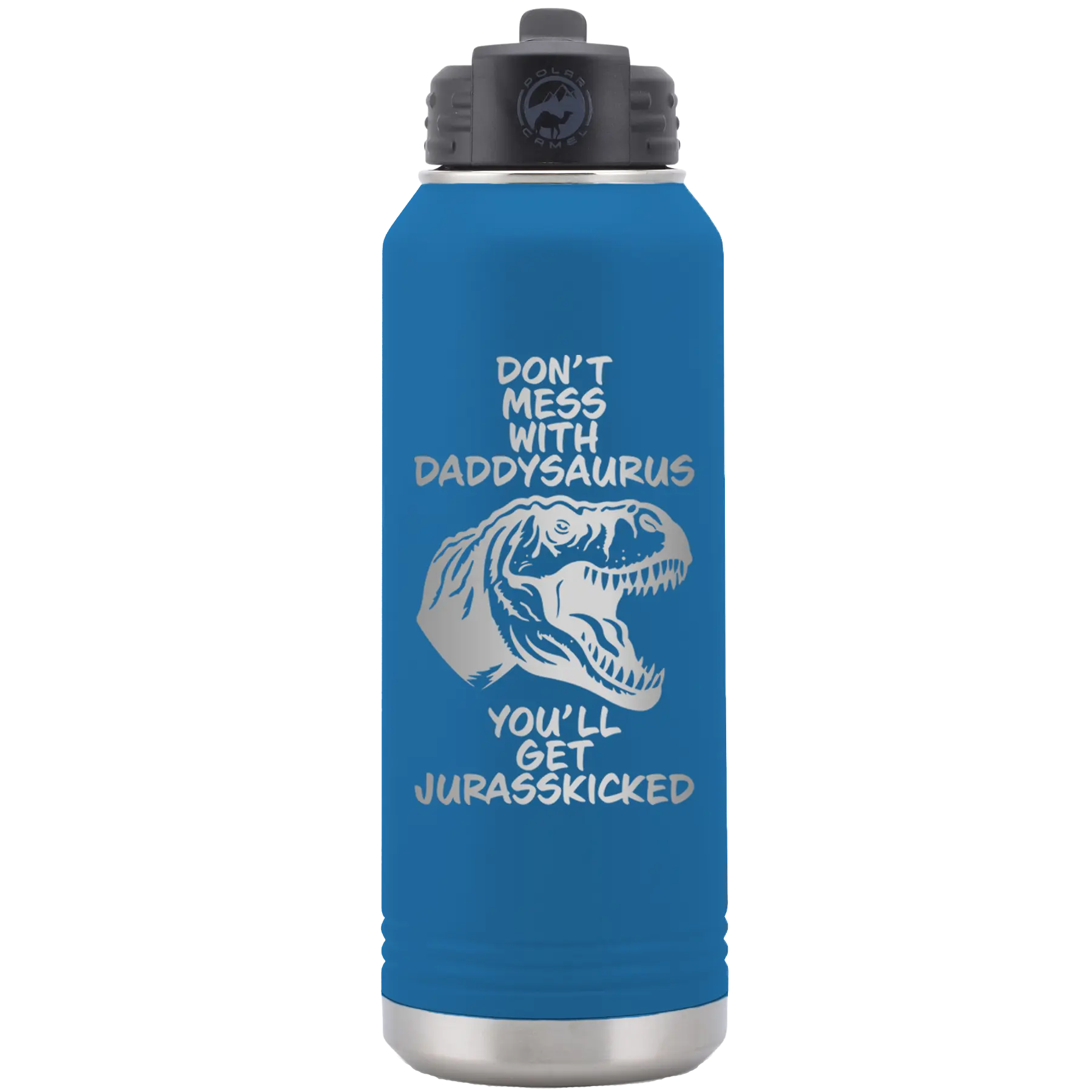 Laser etched royal blue 32 oz vacuum insulated water bottle with 'Daddysaurus' design