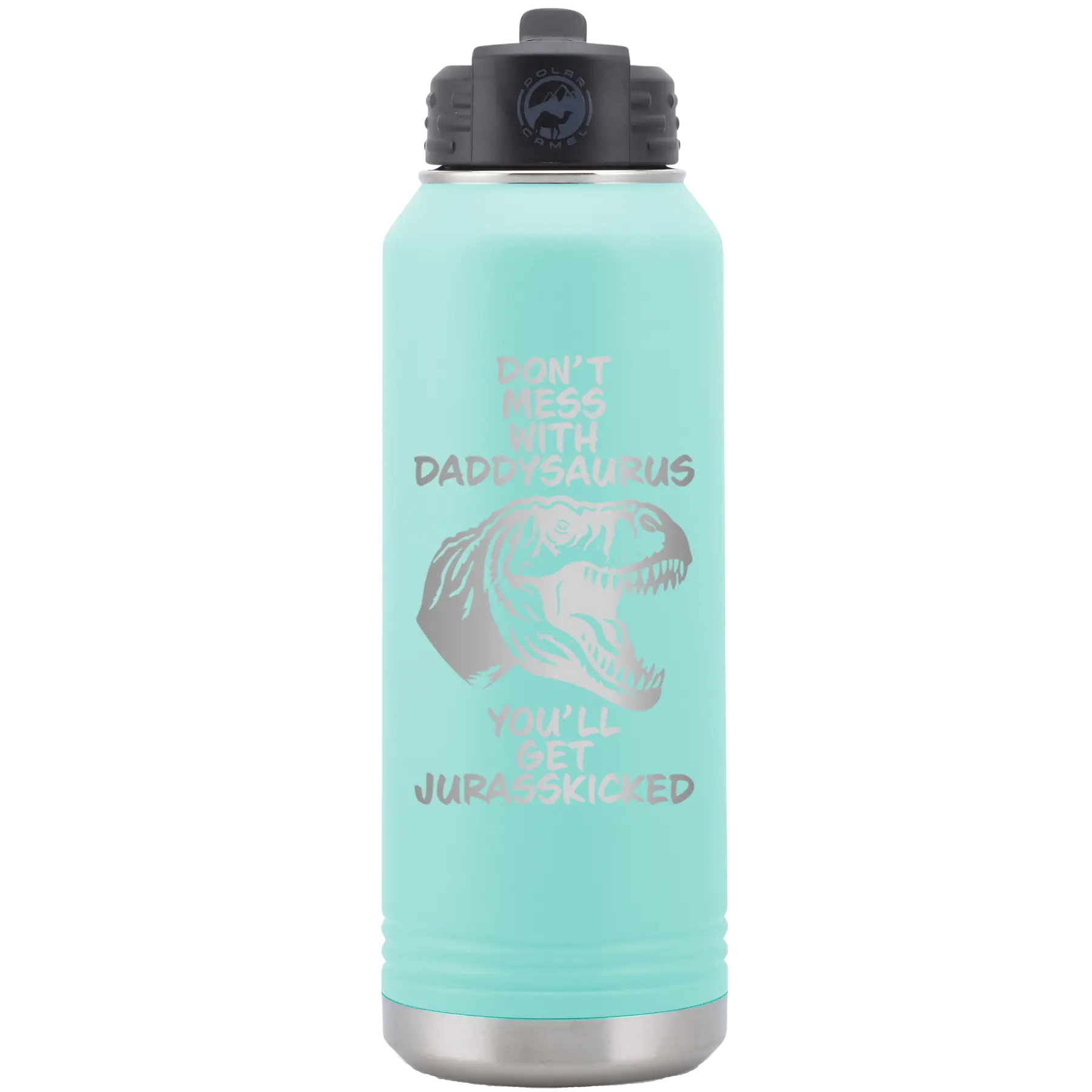 Laser etched teal 32 oz vacuum insulated water bottle with 'Daddysaurus' design