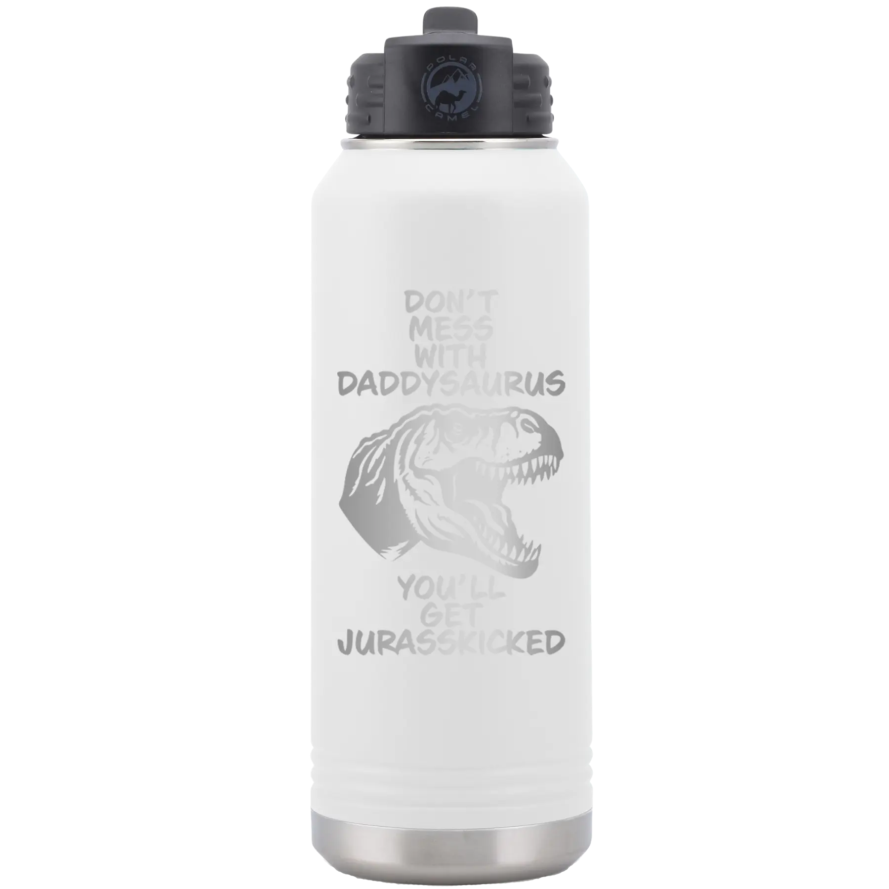 Laser etched white 32 oz vacuum insulated water bottle with 'Daddysaurus' design
