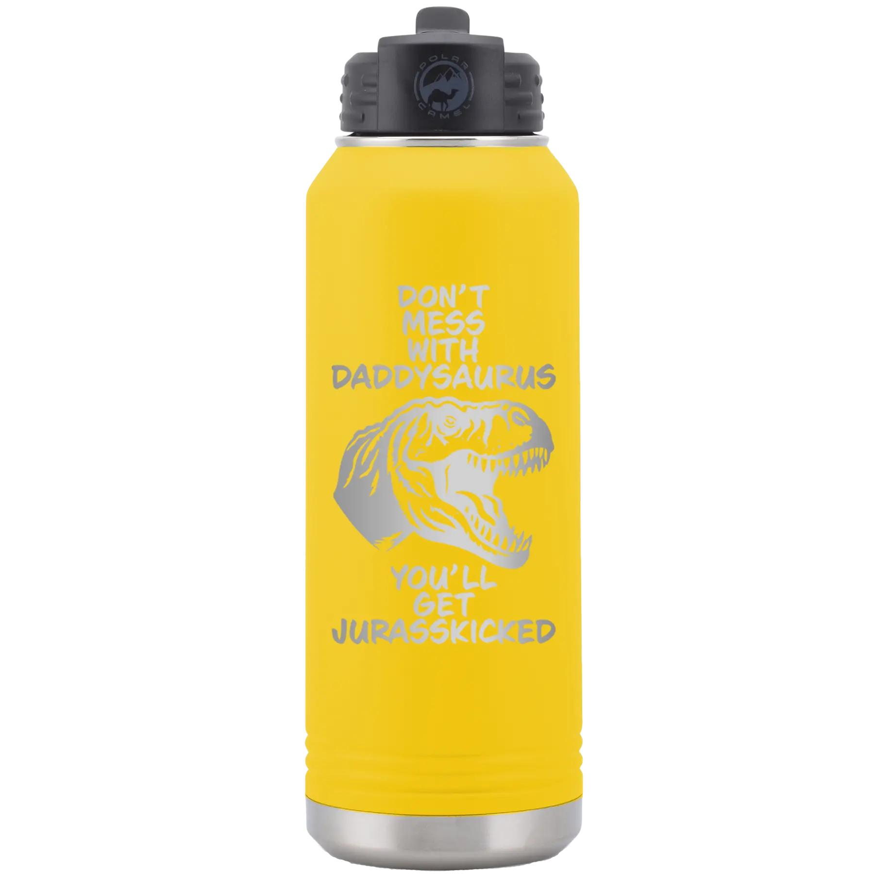 Laser etched yellow 32 oz vacuum insulated water bottle with 'Daddysaurus' design