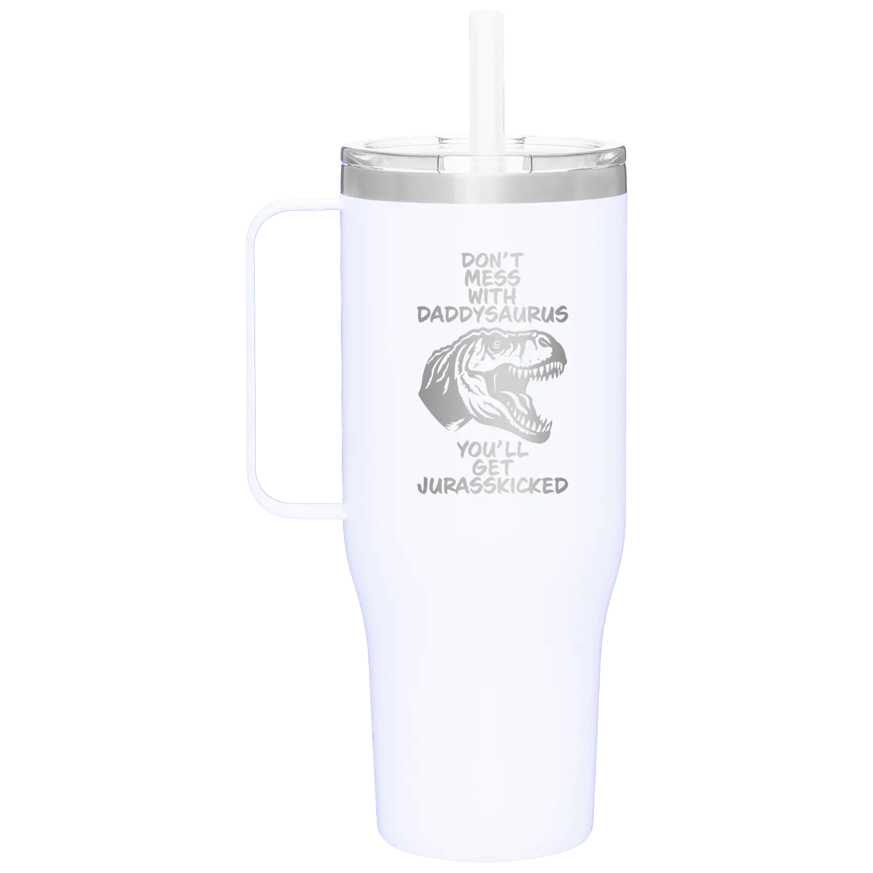 Personalized white 40 oz vacuum insulated tumbler mug with 'Daddysaurus' design