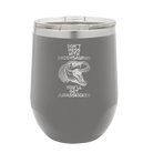 Personalized dark gray 12 oz vacuum insulated wine cup with etched 'Daddysaurus' design