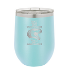 Personalized light blue 12 oz vacuum insulated wine cup with etched 'Daddysaurus' design