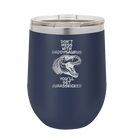 Personalized navy 12 oz vacuum insulated wine cup with etched 'Daddysaurus' design