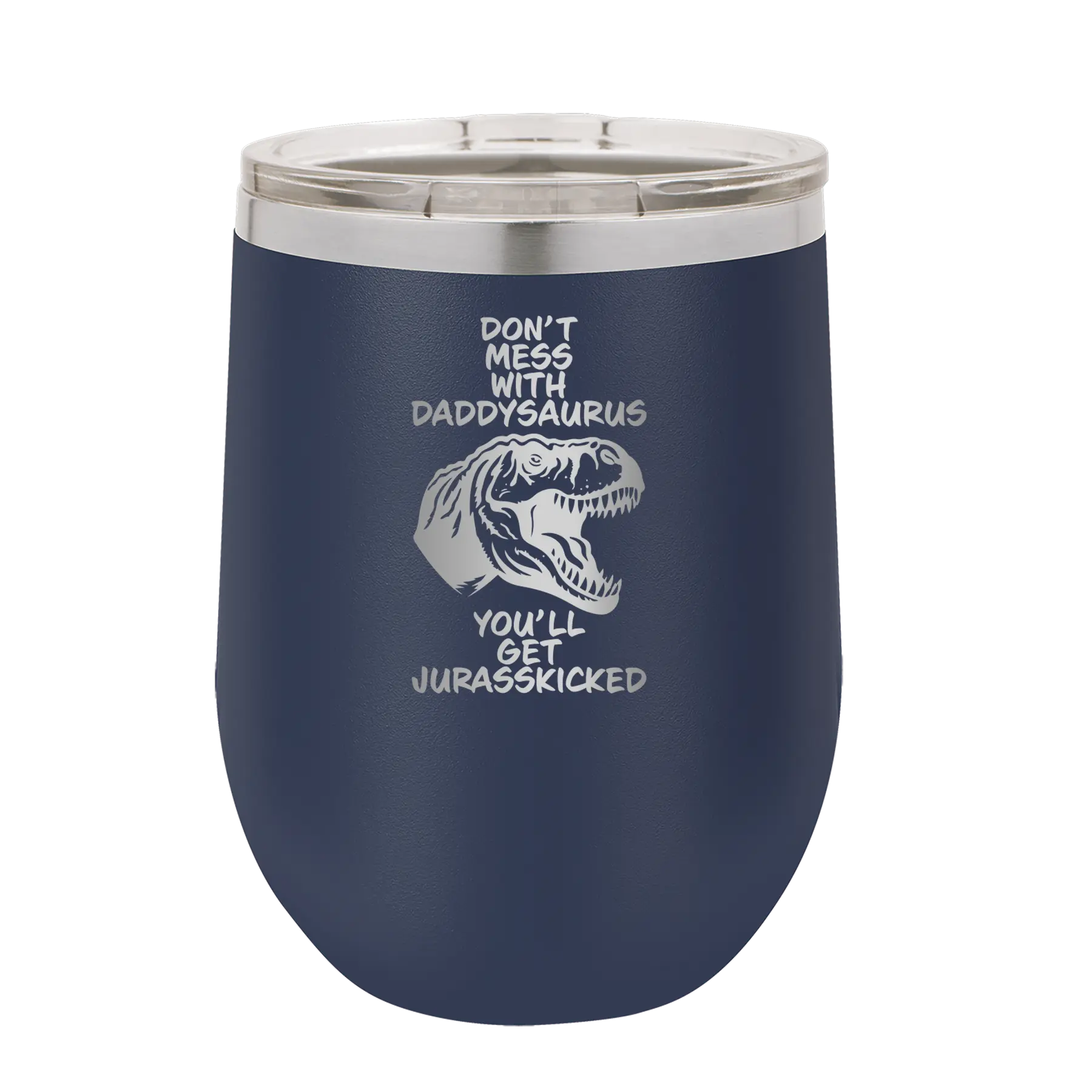 Personalized navy 12 oz vacuum insulated wine cup with etched 'Daddysaurus' design