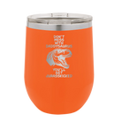 Personalized orange 12 oz vacuum insulated wine cup with etched 'Daddysaurus' design