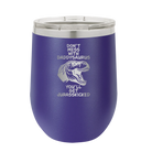Personalized purple 12 oz vacuum insulated wine cup with etched 'Daddysaurus' design