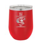 Personalized red 12 oz vacuum insulated wine cup with etched 'Daddysaurus' design