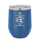 Personalized royal blue 12 oz vacuum insulated wine cup with etched 'Daddysaurus' design