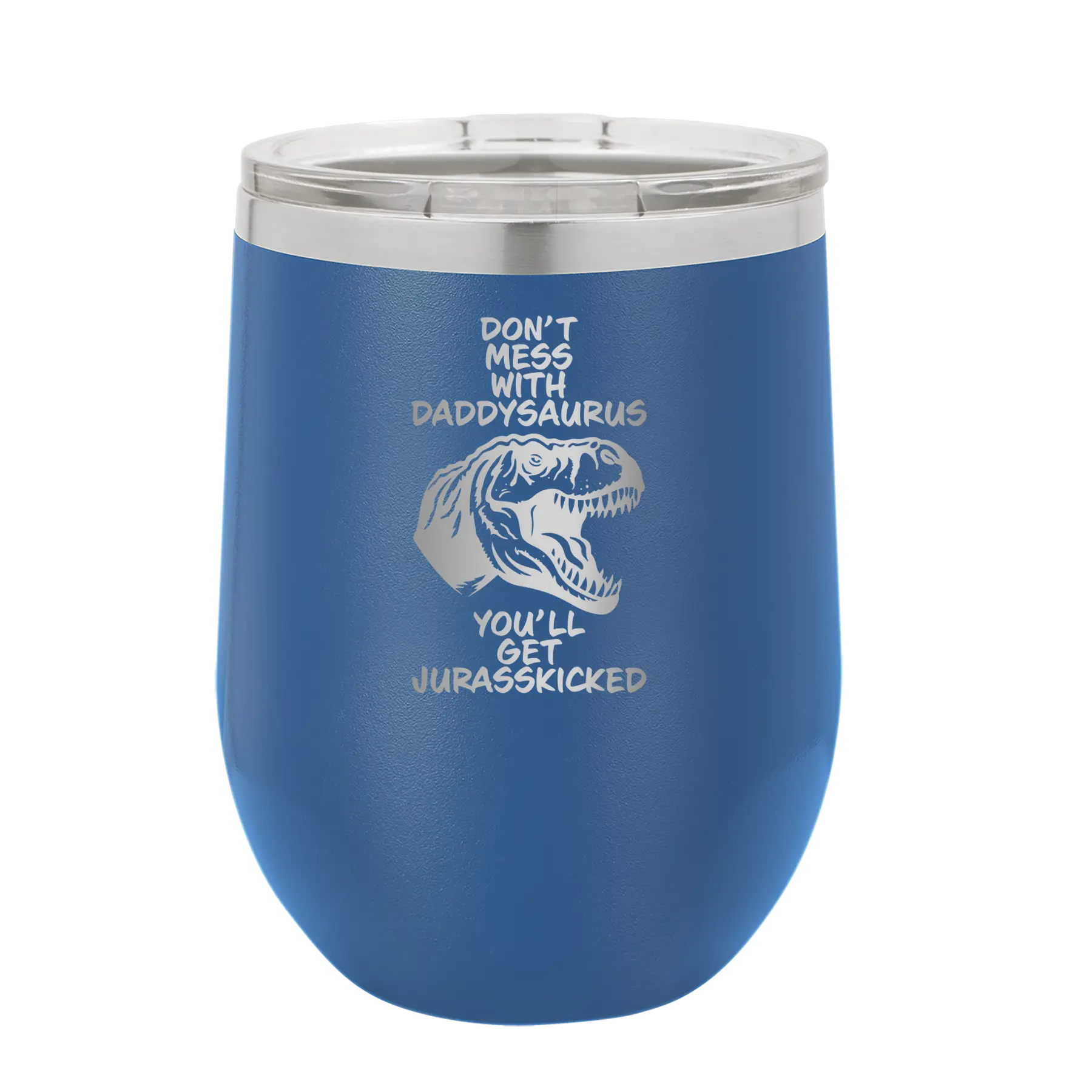 Personalized royal blue 12 oz vacuum insulated wine cup with etched 'Daddysaurus' design