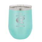 Personalized teal 12 oz vacuum insulated wine cup with etched 'Daddysaurus' design