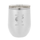 Personalized white 12 oz vacuum insulated wine cup with etched 'Daddysaurus' design