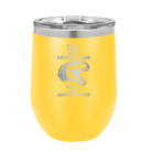 Personalized yellow 12 oz vacuum insulated wine cup with etched 'Daddysaurus' design