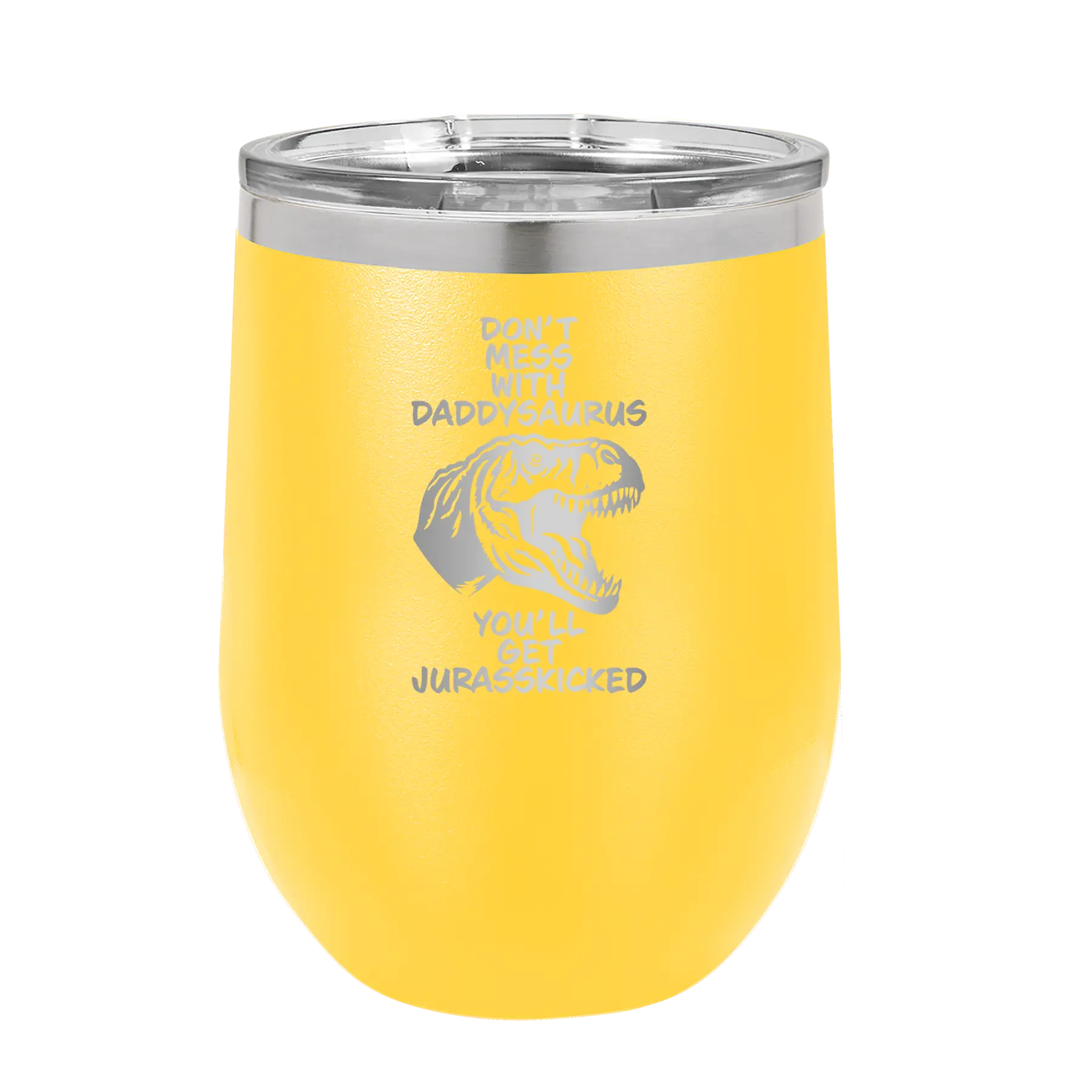 Personalized yellow 12 oz vacuum insulated wine cup with etched 'Daddysaurus' design
