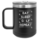 Personalized black 15 oz vacuum insulated coffee mug with etched 'Eat Sleep Golf Repeat' design