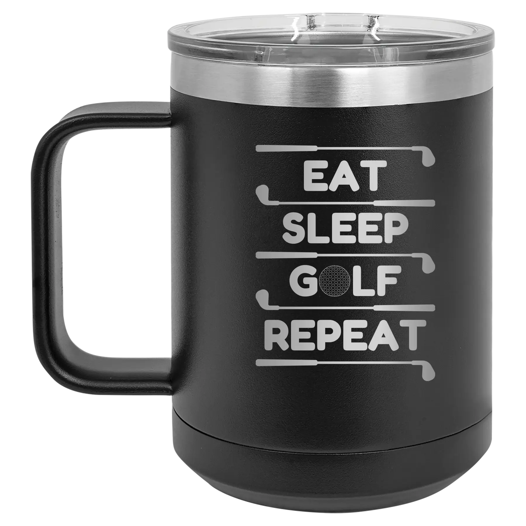 Personalized black 15 oz vacuum insulated coffee mug with etched 'Eat Sleep Golf Repeat' design