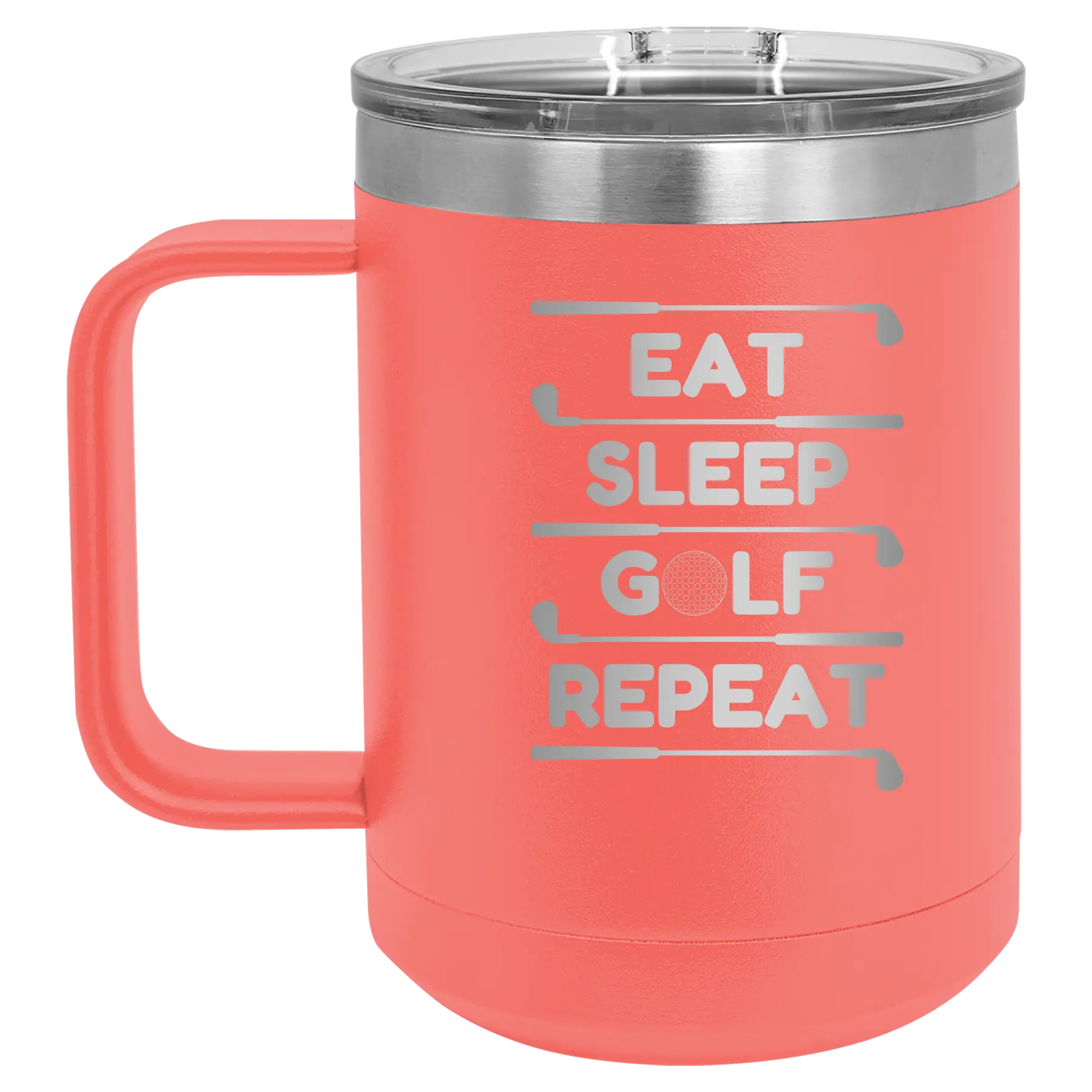 Personalized coral 15 oz vacuum insulated coffee mug with etched 'Eat Sleep Golf Repeat' design