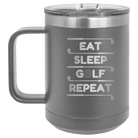 Personalized dark gray 15 oz vacuum insulated coffee mug with etched 'Eat Sleep Golf Repeat' design