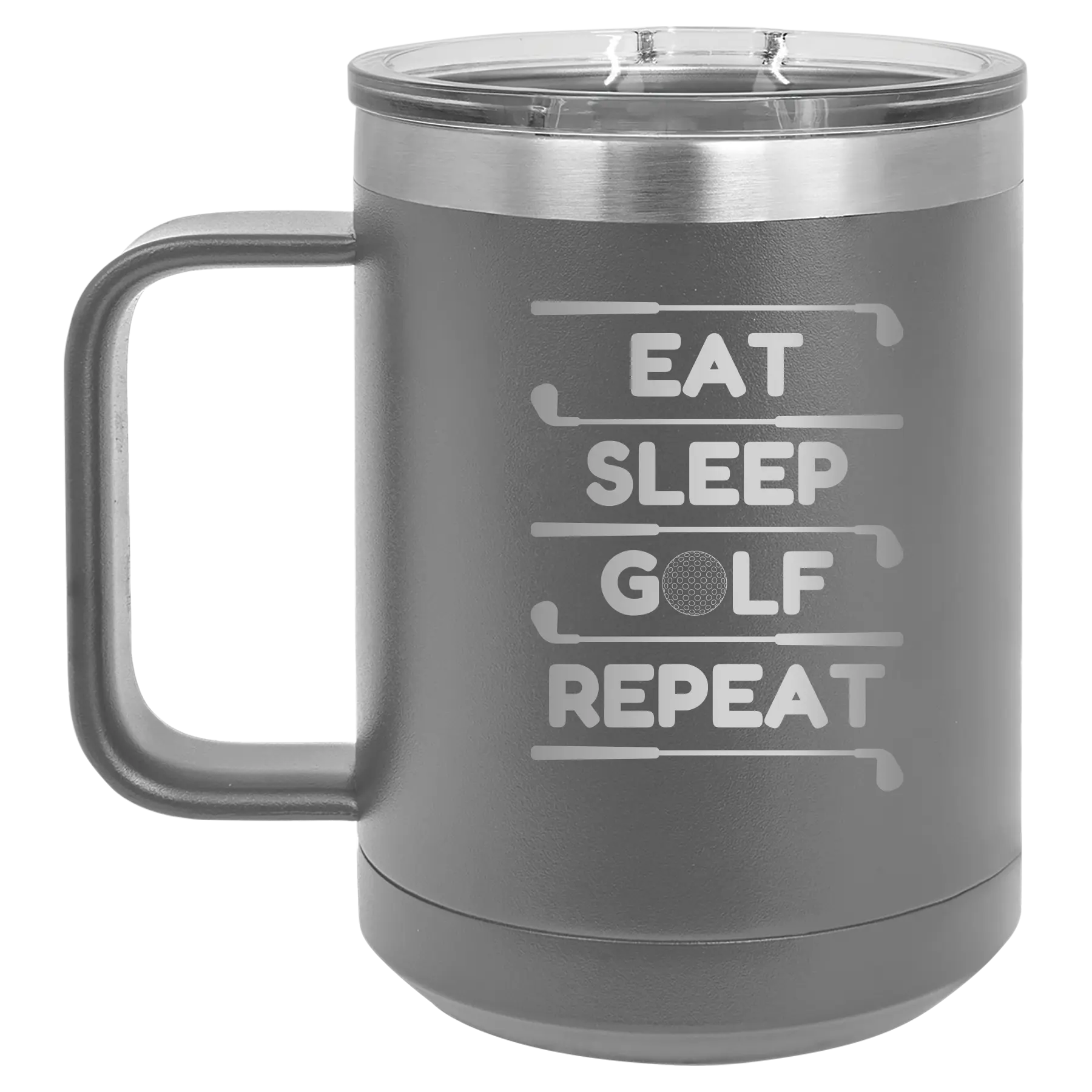 Personalized dark gray 15 oz vacuum insulated coffee mug with etched 'Eat Sleep Golf Repeat' design