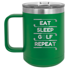 Personalized green 15 oz vacuum insulated coffee mug with etched 'Eat Sleep Golf Repeat' design