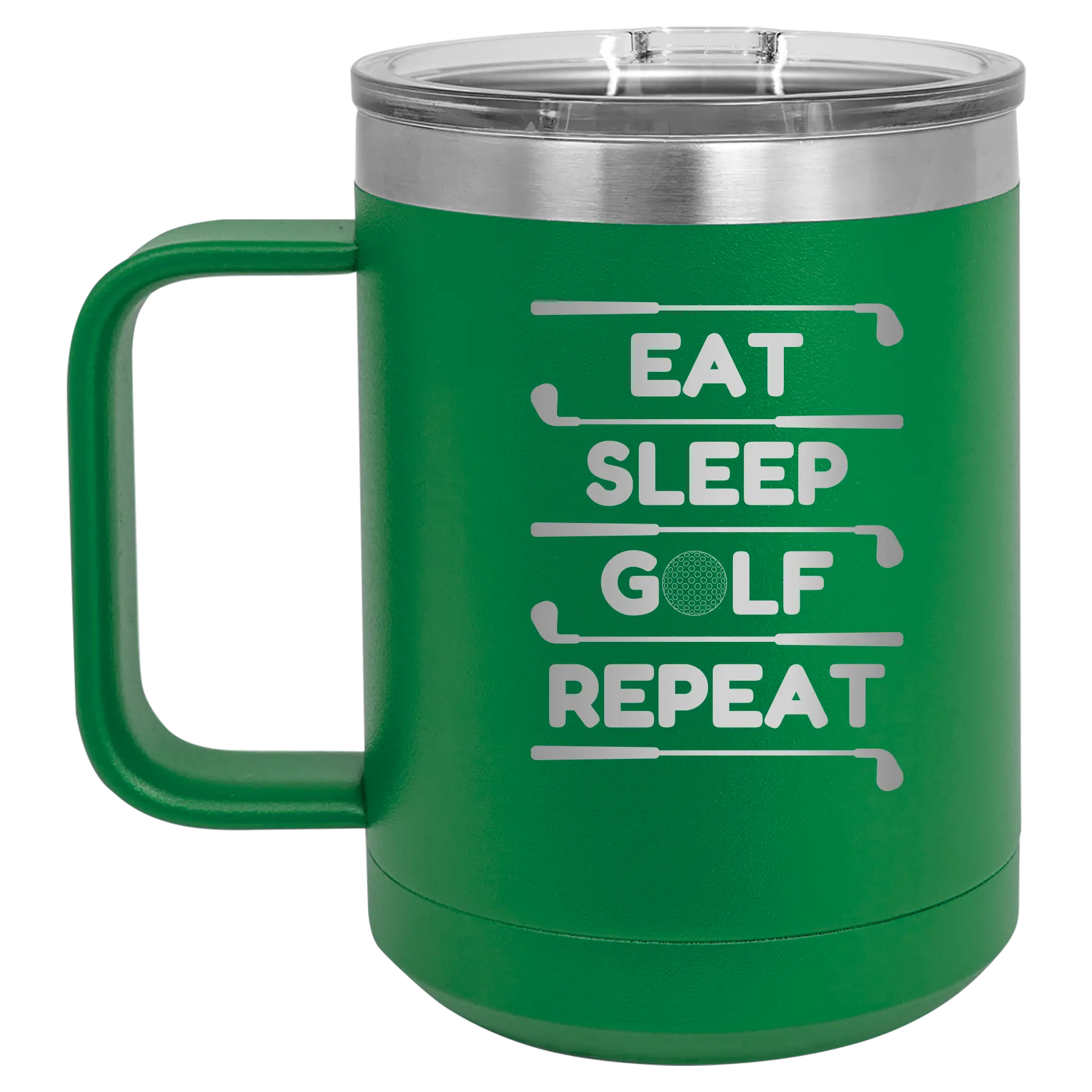 Personalized green 15 oz vacuum insulated coffee mug with etched 'Eat Sleep Golf Repeat' design