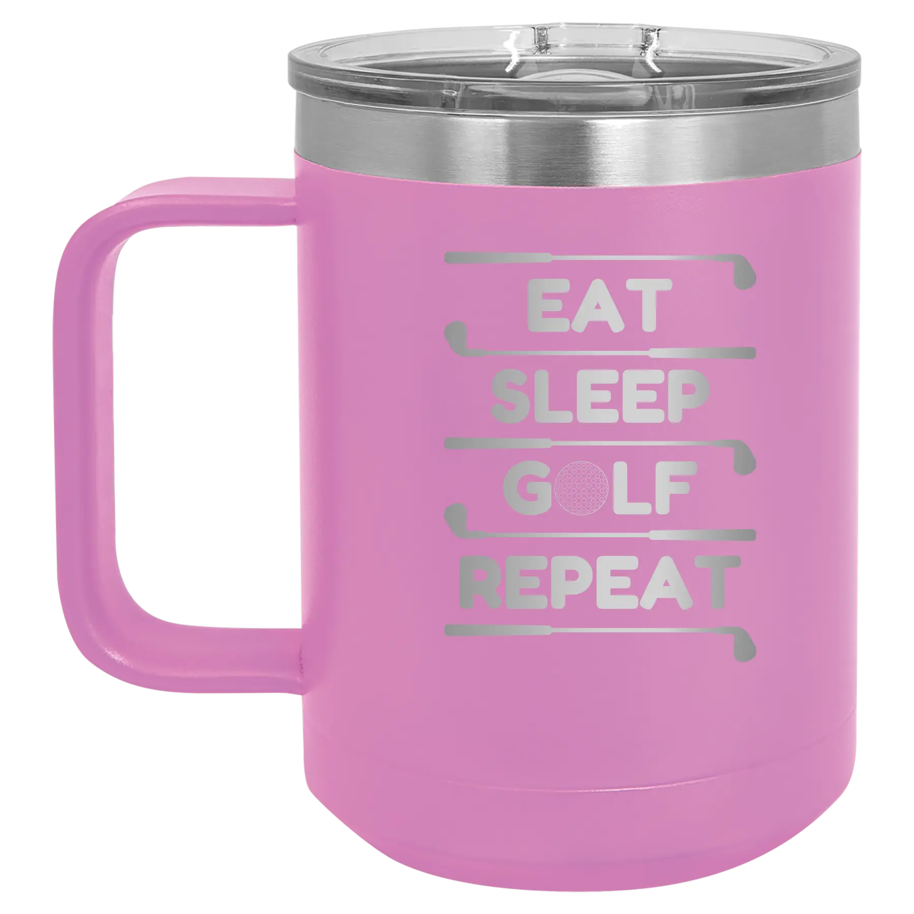 Personalized light purple 15 oz vacuum insulated coffee mug with etched 'Eat Sleep Golf Repeat' design