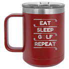 Personalized maroon 15 oz vacuum insulated coffee mug with etched 'Eat Sleep Golf Repeat' design