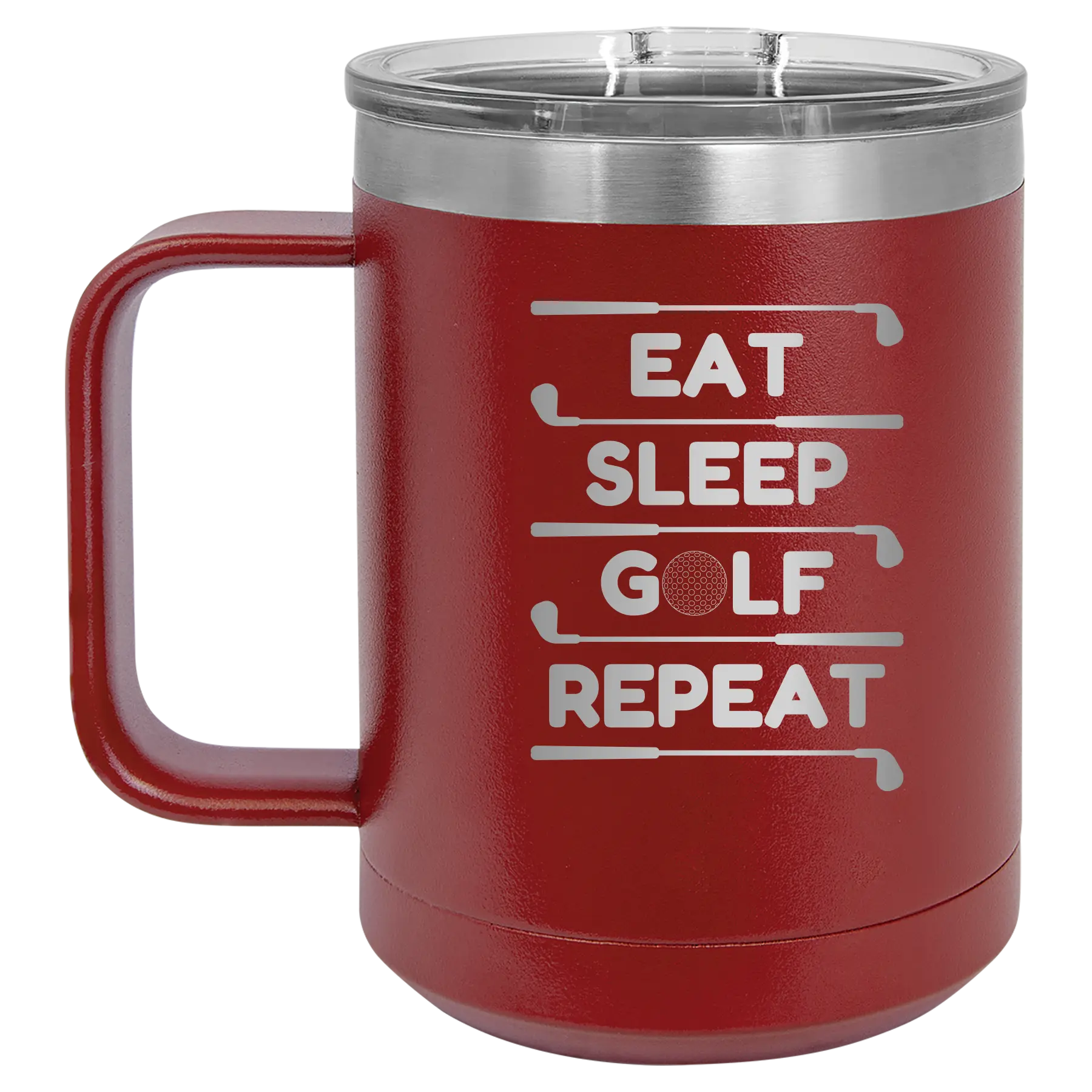 Personalized maroon 15 oz vacuum insulated coffee mug with etched 'Eat Sleep Golf Repeat' design