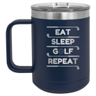Personalized navy 15 oz vacuum insulated coffee mug with etched 'Eat Sleep Golf Repeat' design