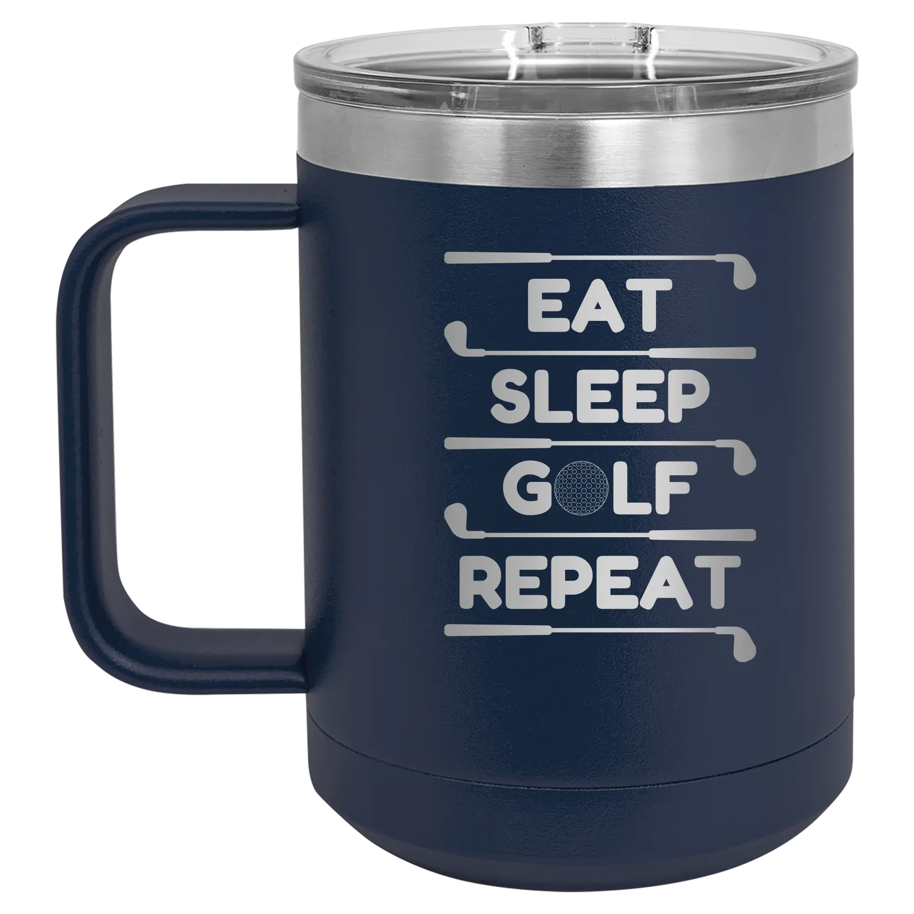 Personalized navy 15 oz vacuum insulated coffee mug with etched 'Eat Sleep Golf Repeat' design