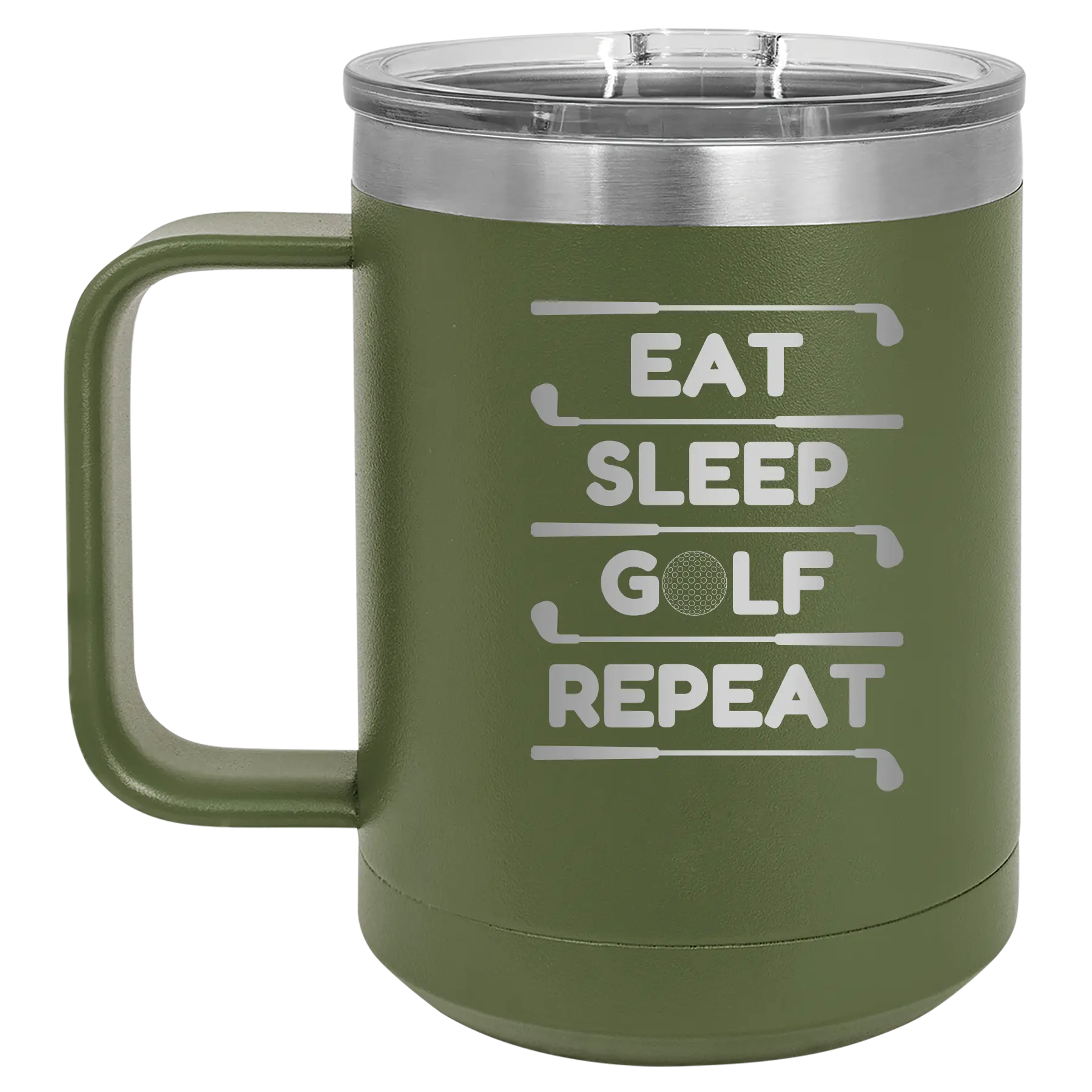 Personalized olive green 15 oz vacuum insulated coffee mug with etched 'Eat Sleep Golf Repeat' design