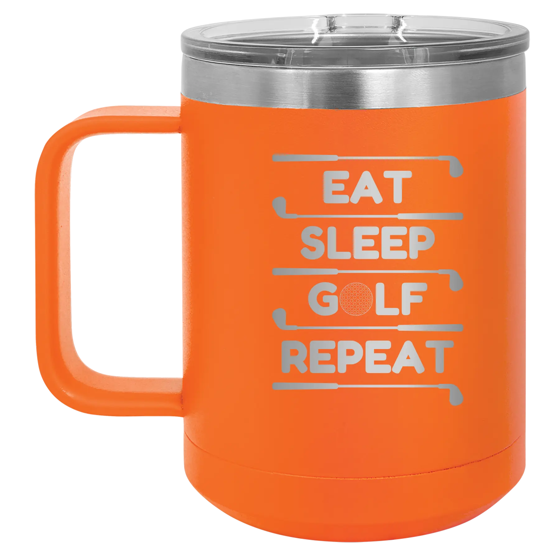 Personalized orange 15 oz vacuum insulated coffee mug with etched 'Eat Sleep Golf Repeat' design