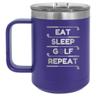Personalized purple 15 oz vacuum insulated coffee mug with etched 'Eat Sleep Golf Repeat' design