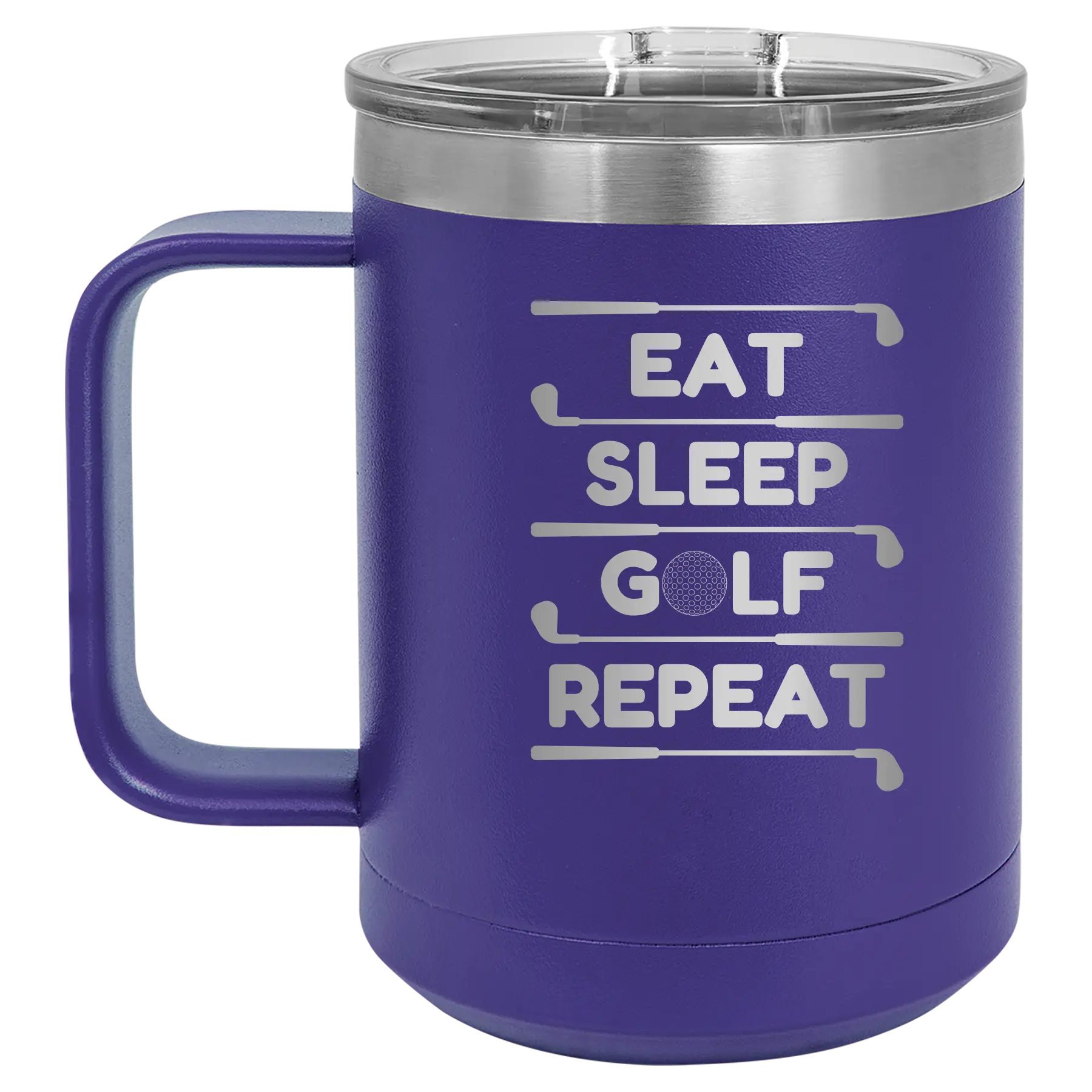 Personalized purple 15 oz vacuum insulated coffee mug with etched 'Eat Sleep Golf Repeat' design