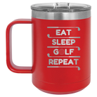 Personalized red 15 oz vacuum insulated coffee mug with etched 'Eat Sleep Golf Repeat' design