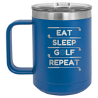Personalized royal blue 15 oz vacuum insulated coffee mug with etched 'Eat Sleep Golf Repeat' design