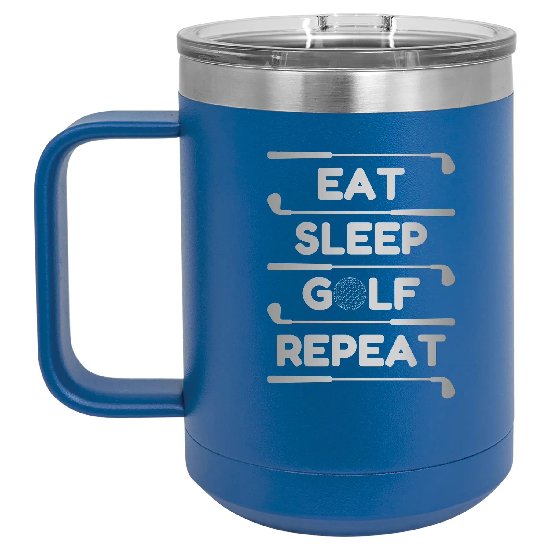 Personalized royal blue 15 oz vacuum insulated coffee mug with etched 'Eat Sleep Golf Repeat' design