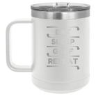 Personalized white 15 oz vacuum insulated coffee mug with etched 'Eat Sleep Golf Repeat' design