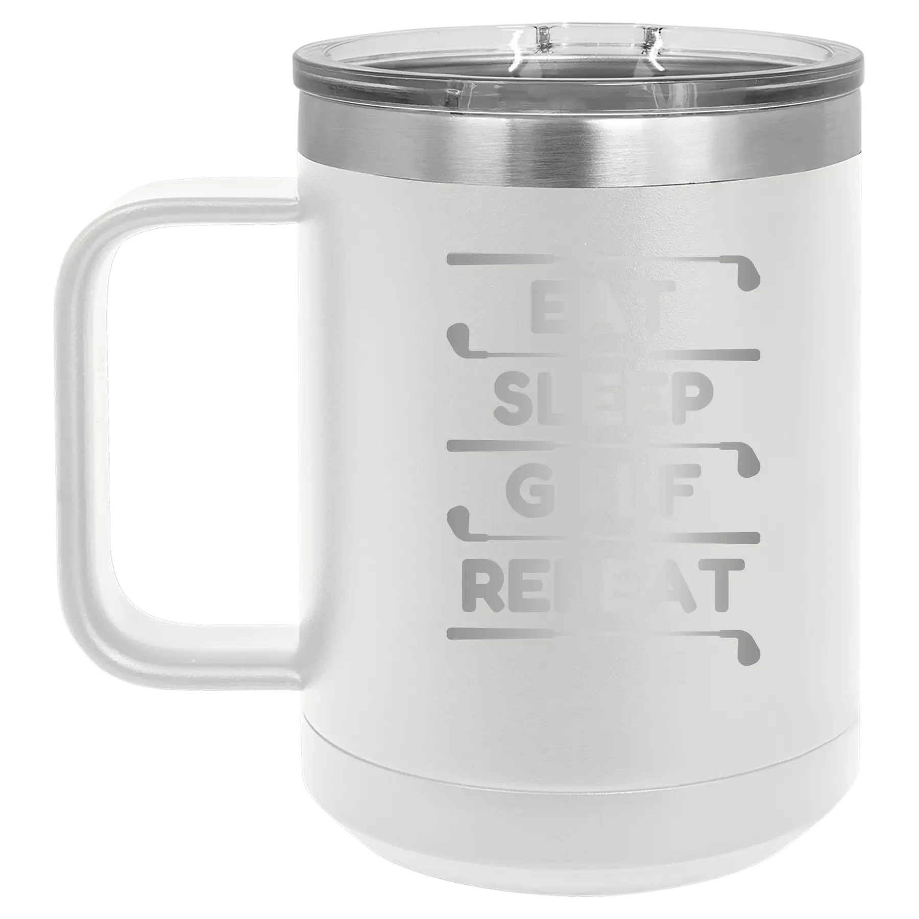 Personalized white 15 oz vacuum insulated coffee mug with etched 'Eat Sleep Golf Repeat' design