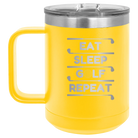 Personalized yellow 15 oz vacuum insulated coffee mug with etched 'Eat Sleep Golf Repeat' design