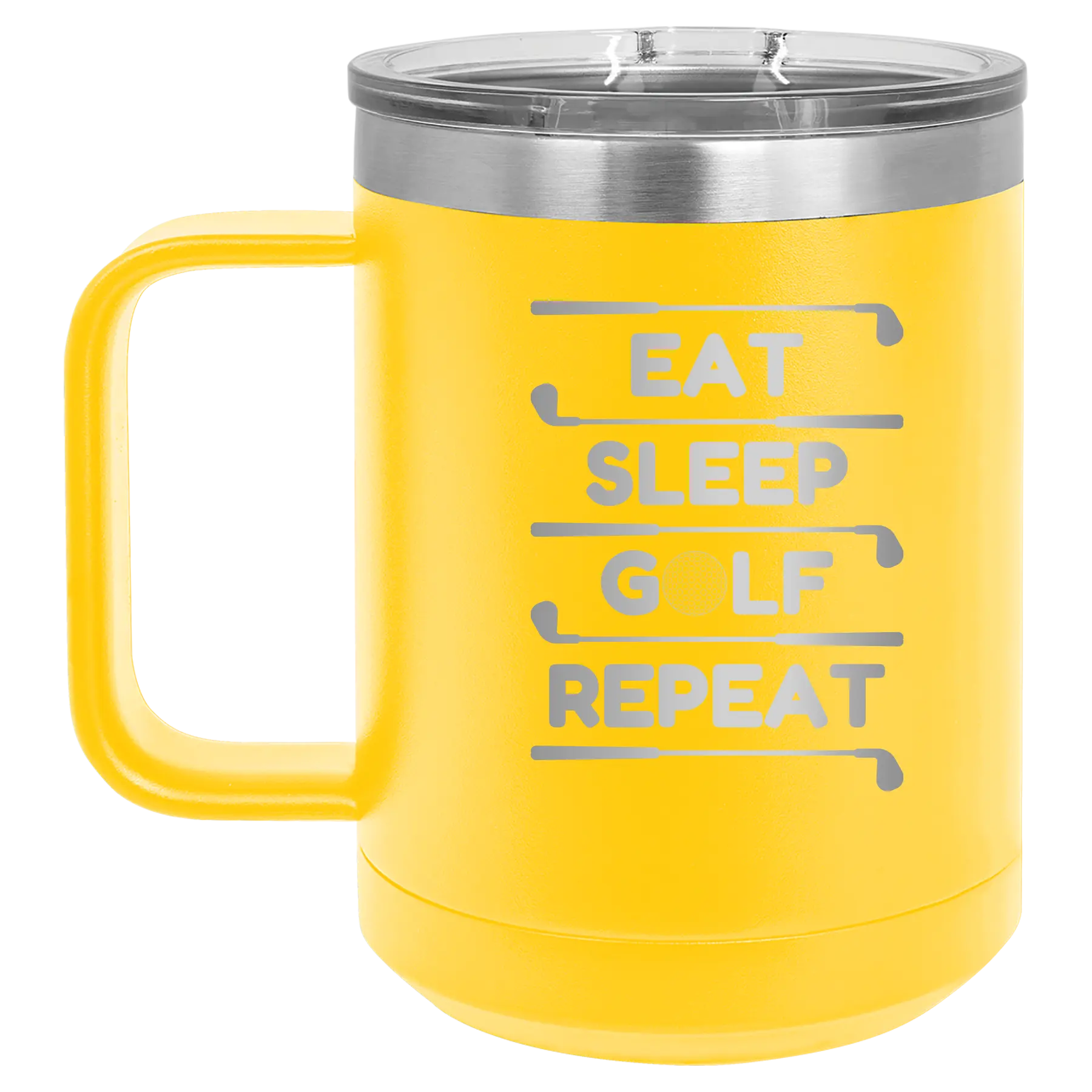 Personalized yellow 15 oz vacuum insulated coffee mug with etched 'Eat Sleep Golf Repeat' design