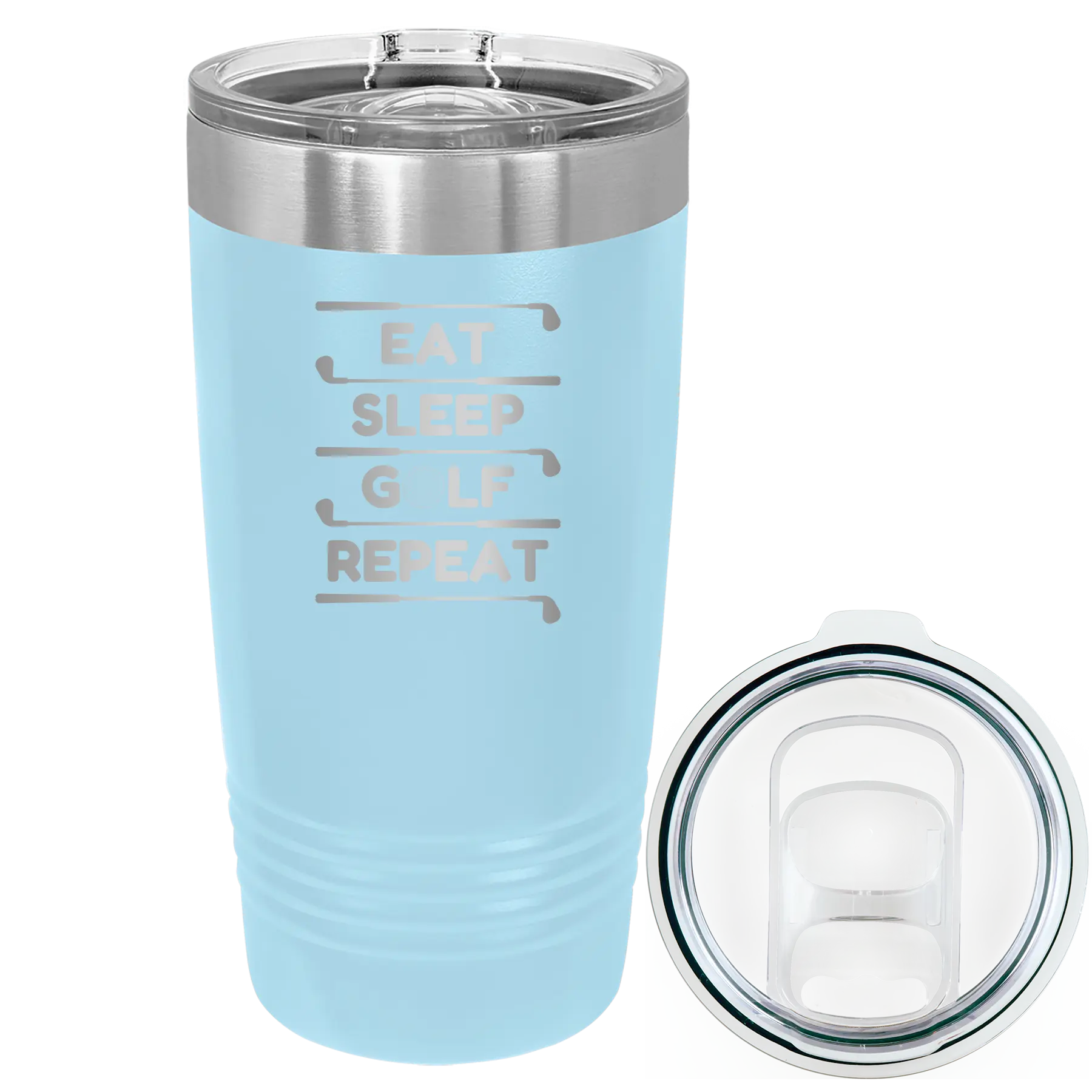 Laser etched light blue 20 oz vacuum insulated tumbler with 'Eat Sleep Golf Repeat' design