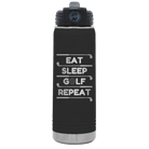 Laser etched black 20 oz vacuum insulated water bottle with 'Eat Sleep Golf Repeat' design