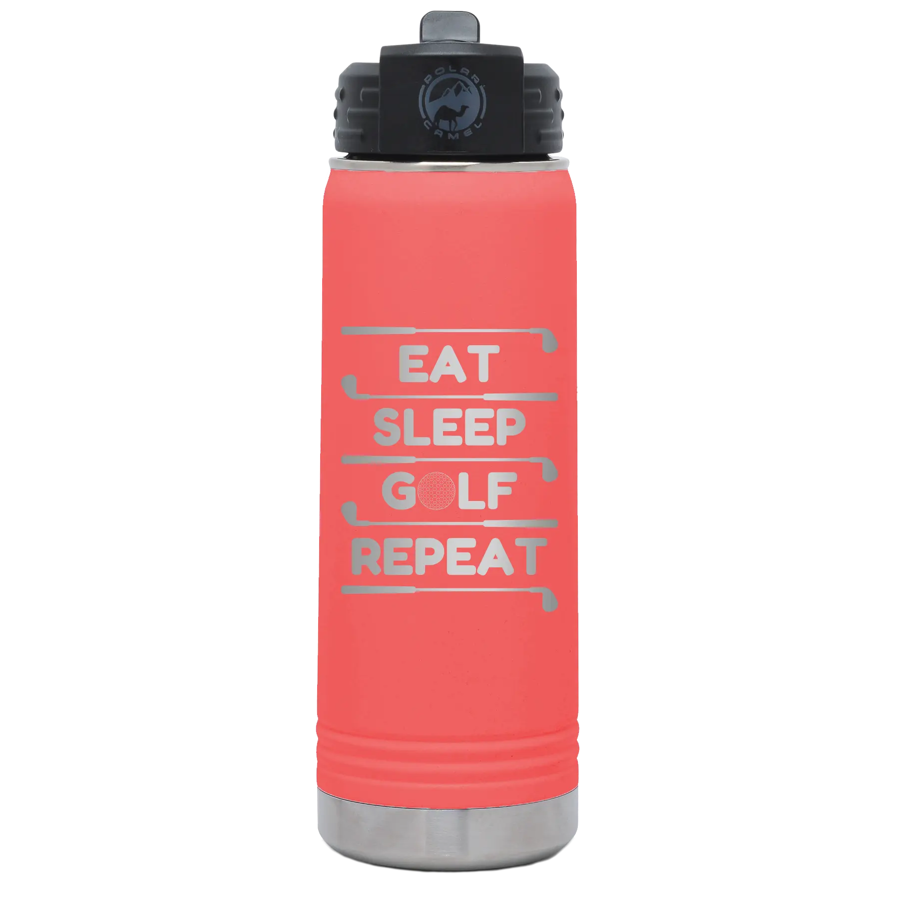 Laser etched coral 20 oz vacuum insulated water bottle with 'Eat Sleep Golf Repeat' design