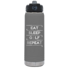 Laser etched dark gray 20 oz vacuum insulated water bottle with 'Eat Sleep Golf Repeat' design