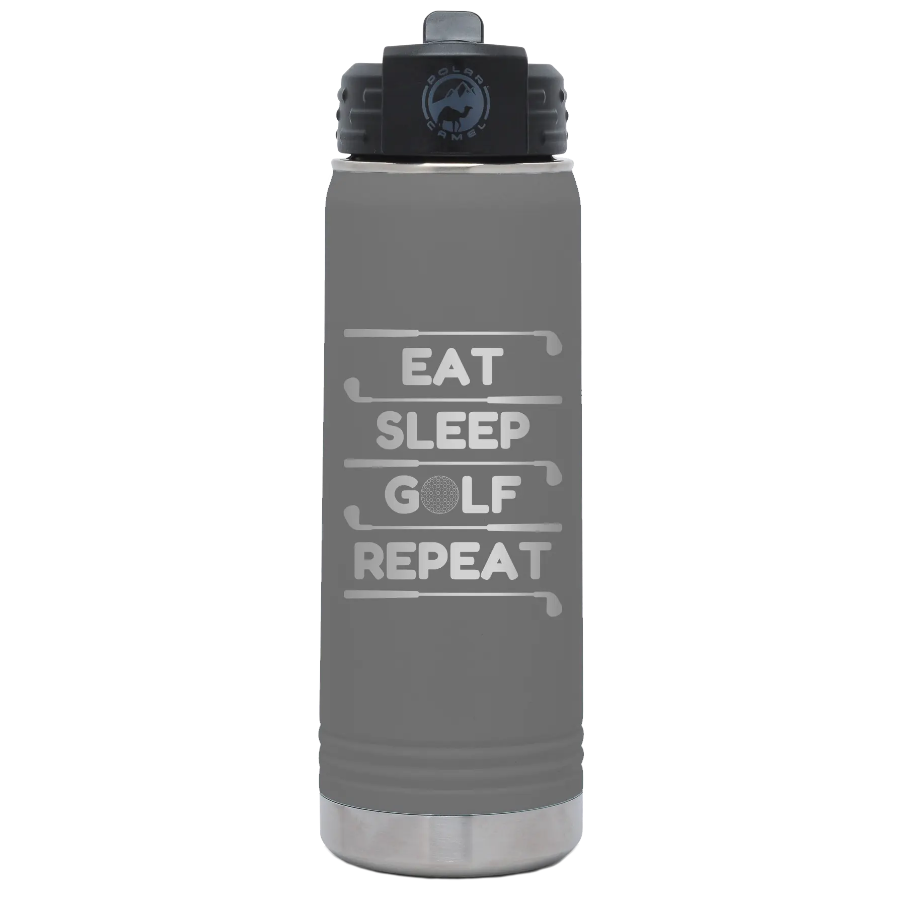 Laser etched dark gray 20 oz vacuum insulated water bottle with 'Eat Sleep Golf Repeat' design
