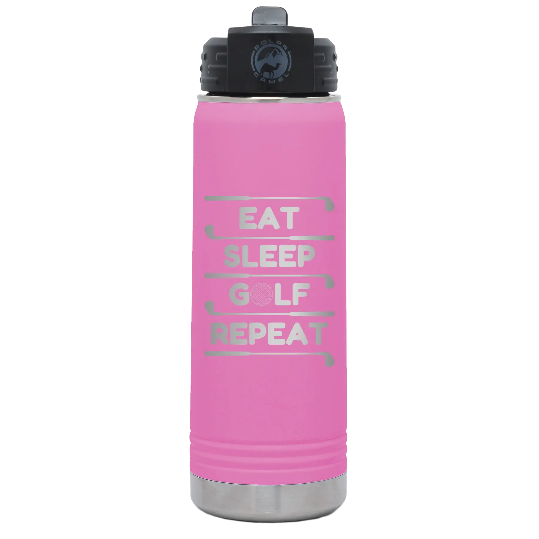 Laser etched light purple 20 oz vacuum insulated water bottle with 'Eat Sleep Golf Repeat' design