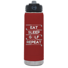 Laser etched maroon 20 oz vacuum insulated water bottle with 'Eat Sleep Golf Repeat' design